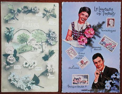 Ansichtkaarten die de taal van bloemen uitbeelden, ca. 1913 en van postzegels, ca. 1963 door French School
