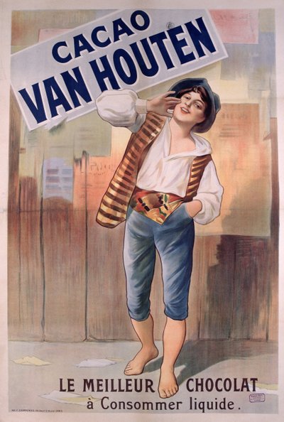 Poster die Van Houten cacao adverteert door French School