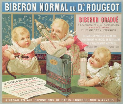 Poster die een gegradueerde fles ontworpen door Dr. Rougeot, 1887, adverteert door French School