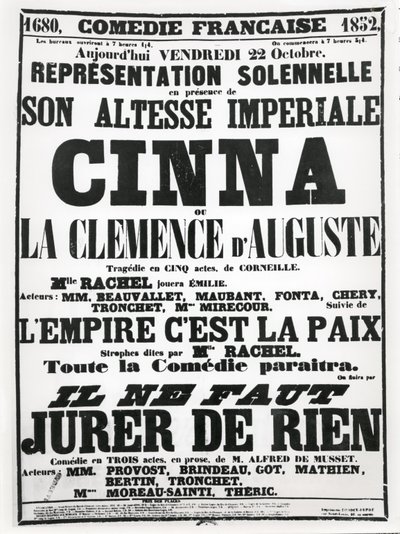 Poster die een voorstelling adverteert in de Comédie-Française op 22 oktober 1852, van Corneilles tragedie, Cinna, gevolgd door een voordracht van het gedicht L
