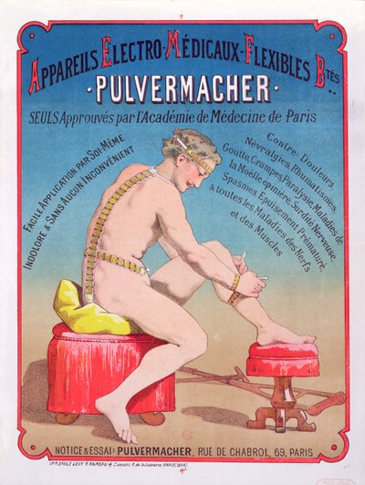 Poster die een Elektro-Medische lichaamsmassage- en stimulatiemachine Pulvermacher adverteert, 1884 door French School