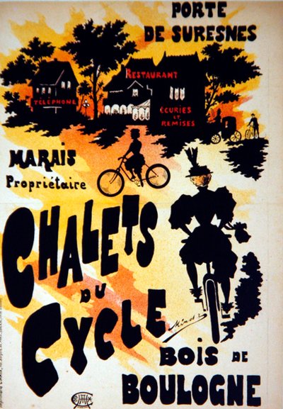 Poster die de Chalets du Cycle, Bois de Boulogne, nabij de Porte de Suresnes adverteert door French School