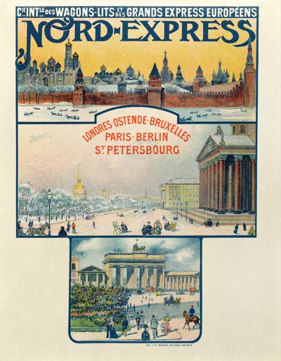 Poster die de Compagnie des Wagons-Lits et des Grands Express Europeens adverteert, Londen naar Sint-Petersburg, begin 20e eeuw door French School
