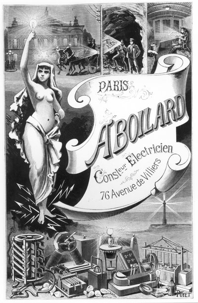 Poster die de Elektriciteitsfee en de verschillende toepassingen van elektriciteit adverteert, eind 19e eeuw door French School