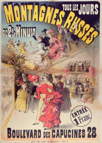 Poster die de Montagnes Russes Roller Coaster in de Boulevard des Capucines, Parijs, 1888, adverteert door French School