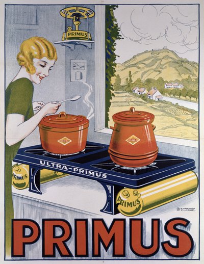 Poster die de Primus kookplaat adverteert, gedrukt door Dampenon & Elarue door French School