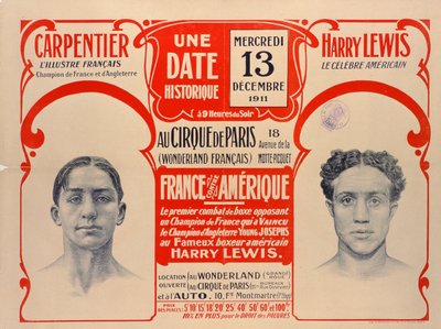 Poster die de bokswedstrijd tussen Carpentier en Harry Lewis, 1911 aankondigt door French School