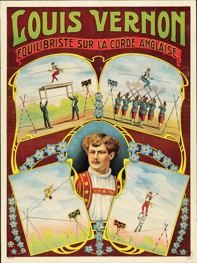 Poster die koorddansvoorstellingen door Louis Vernon adverteert door French School