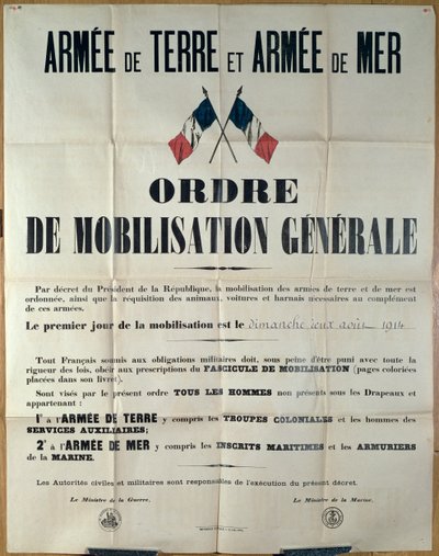 Poster aankondiging Algemene Mobilisatie in Frankrijk, 2 augustus 1914 door het Ministerie van Oorlog en Marine door French School