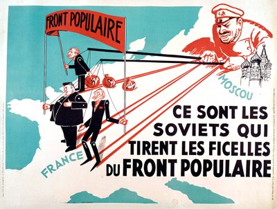 Affiche met Edouard Herriot, Leon Blum als de poppen van Moskou, ca.1936 (affiche) door French School