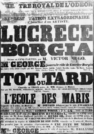 Poster voor de uitvoering van Lucretia Borgia in het Odeon, 1843 door French School
