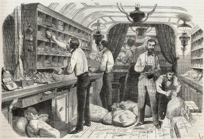 Post: interieur van het rijdende kantoor - Gravure in 