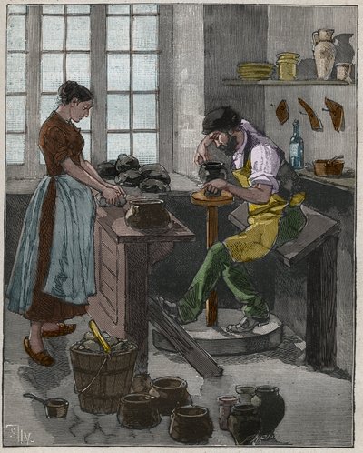 Pottenbakkerij: pottenbakker maakt een vaas op de draaischijf. Frankrijk. door French School