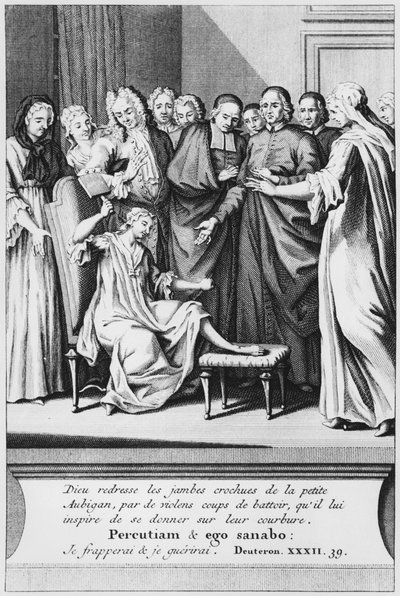 Oefening van hulp en wonderbaarlijke genezing van Aubigan, illustratie uit La vérité des miracles de M. de Paris... door Louis Basile Carré de Montgeron (1686-1754) 1737 door French School