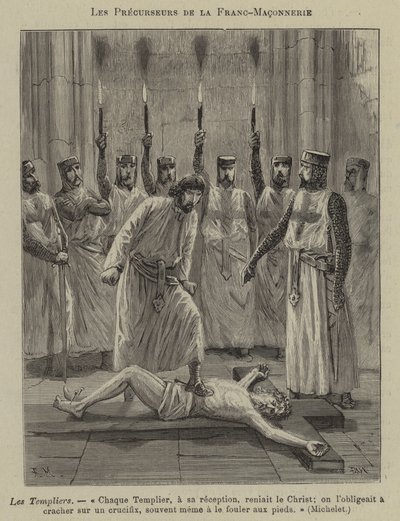Voorlopers van de Vrijmetselarij: de Tempeliers (gravure) door French School