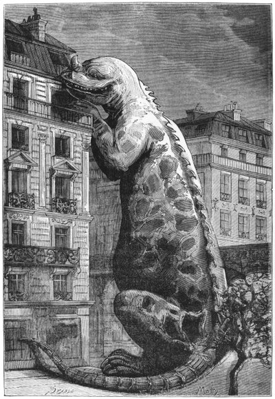 Prehistorisch monster in een moderne stad, gegraveerd door Motty, illustratie uit Le Monde Avant la Creation de l