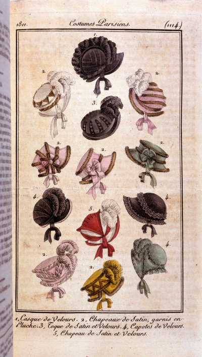 Premier empire mode: verschillende modellen dameshoeden, fluwelen helm, satijnen hoeden, hoed en condooms. Gravure uit 1811 door French School