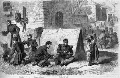 Voorbereiding van de “popote” (maaltijd) van het 1e regiment grenadiers van de Franse Keizerlijke Garde tijdens de Risorgimento. Van links naar rechts: een “popotter”, een “biscuitbreker” en een “koffiemaker”. Cavriana, Italië door French School