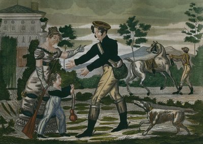 Voorbereiding op de jacht, plaat 1, begin 19e eeuw (kleurgravure) door French School