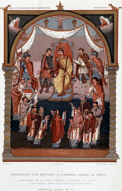 Presentatie van een manuscript aan Karel de Kale, 9e eeuw, Les Chroniqueurs de l