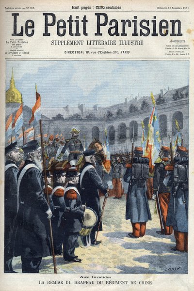 Presentatie van de vlag van het Regiment van China door generaal Faure Biguet aan generaal Arnoux gouverneur bij de Invalides in Parijs, in 