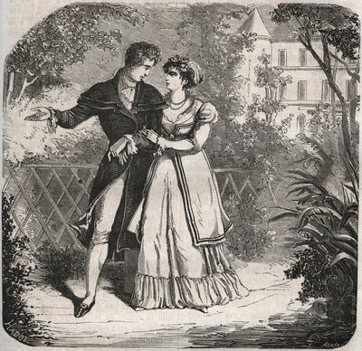 Prinses van Wales Carolina van Brunswick (1768-1821) wandelend met haar minnaar, Bartolomeo Bergami. Gravure uit 1871 in 