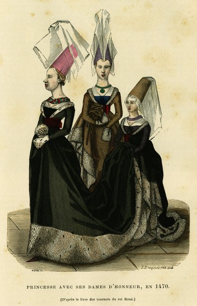 Prinses met haar hofdames, rond 1470. Kleurgravure naar het boek van de toernooien van koning René, in 