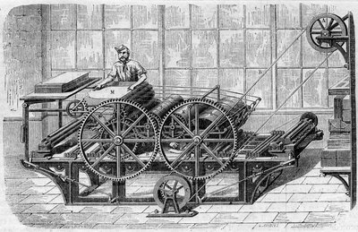 Druk van een krant: mechanische pers voor het drukken van afdrukken door French School