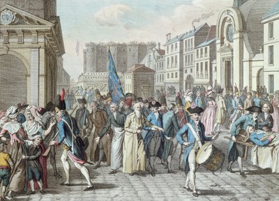 Gevangenen in de rue Saint-Antoine na vrijlating uit de Bastille op 14 juli 1789 door French School