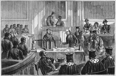 Proces door Marie Fortunee Capelle (1816-1852), bekend als Marie Lafarge, een Franse crimineel veroordeeld voor de moord op haar man in 1840 - Gravure in 