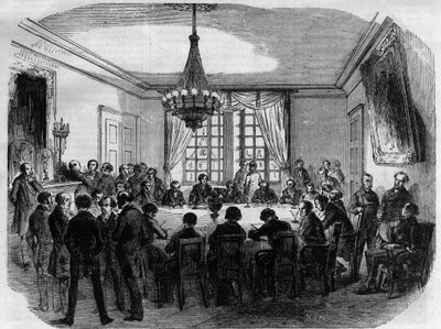Proces van prins Pierre Bonaparte - de jury van het Hooggerechtshof bereidt zijn vonnis voor in de Kamer van beraadslaging - Gravure van 1870 door French School