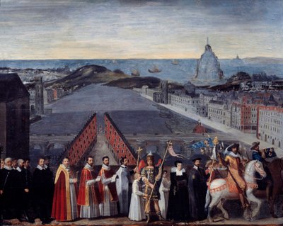 Processie van de Parijse jam van de pelgrims van Saint Michel du Mont sur le Pont Neuf door French School