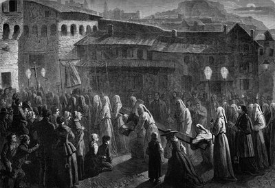 Processie van de Penitenten de Confalais, religieuze optocht in het zuiden van Frankrijk in Puy en Velay, Haute Loire (43) door French School