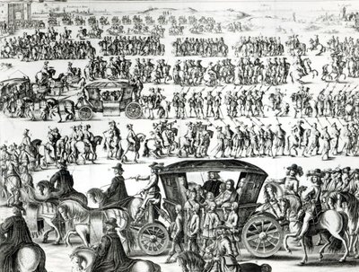 Processie van de intocht van de jonge koning Lodewijk XIV als kind in de stad Parijs op 18 augustus 1649 (detail) door French School