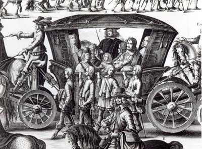 Processie van de intocht van de jonge koning Lodewijk XIV als kind in de stad Parijs op 18 augustus 1649 (detail) door French School
