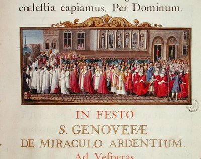 Processie van het relikwie van St. Genevieve, uit een manuscript voor een mis gewijd aan St. Genevieve door French School