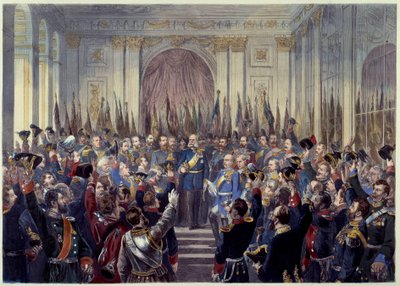 Proclamatie van het Duitse Rijk op 18/01/1871 in de IJsgalerij in Versailles na de Franse nederlaag in de Oorlog van 1870 tegen Pruisen. Willem I (1797-1888) wordt uitgeroepen tot keizer. 19e eeuw Parijs, Musee Carnavalet door French School