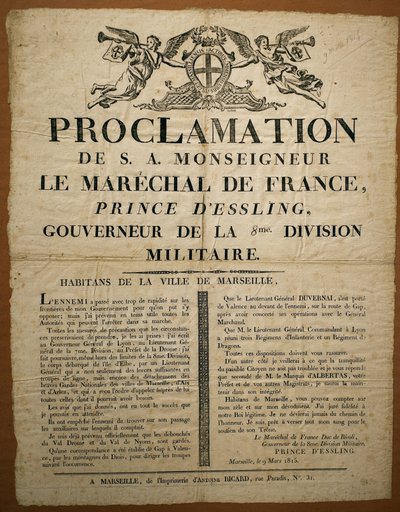 Proclamatie aan de inwoners van de stad Marseille, gedateerd 9 maart door French School