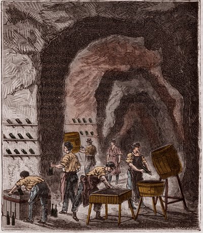 Productie van champagne - Fabrication du Champagne - Gravure in 