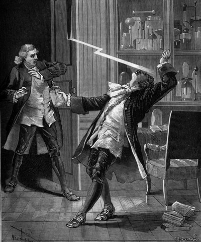 Professor Georges Guillaume Richmann (1711-1753) stierf in zijn werkplaats na een experiment met een elektrometer door French School