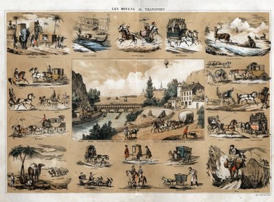 Vooruitgang en technische ontwikkeling van transport, een bord dat de evolutie van de transportmiddelen illustreert, met centraal een rivier die in de zee uitmondt, slepen, een trein die over een brug rijdt, boten op zee, een ezel, een ballon door French School