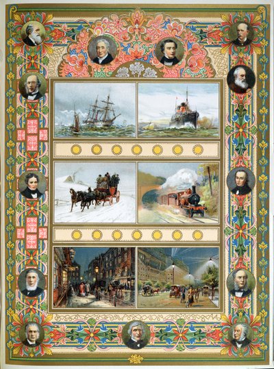 Vooruitgang tijdens het bewind van Koningin Victoria (1819-1901). Zeilschepen, stoomschepen, stoomtrein en gas- en elektrische straatverlichting, 1887 door French School