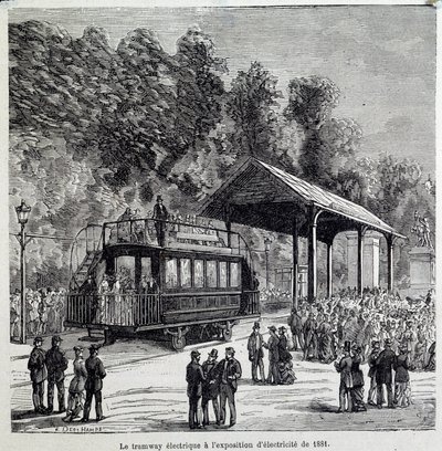 Vooruitgang in transport: de elektrische tram tentoongesteld in 1881 door French School