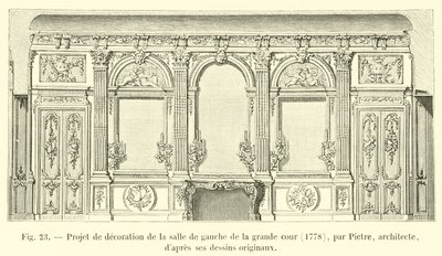Ontwerp voor de decoratie van de linkerzaal van de grote binnenplaats, 1778, door Pietre, architect, naar zijn originele tekeningen door French School