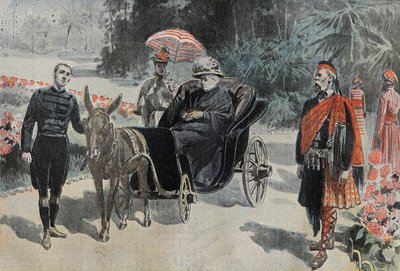 Wandeling van Victoria I (1837-1901) Koningin van Engeland, in het park van Hotel Cimiez nabij Nice. Gravure in 