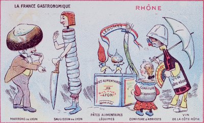 Promotie- en educatieve kaart voor kinderen met voedsel specialiteiten van de Rhone regio, ca.1900 door French School