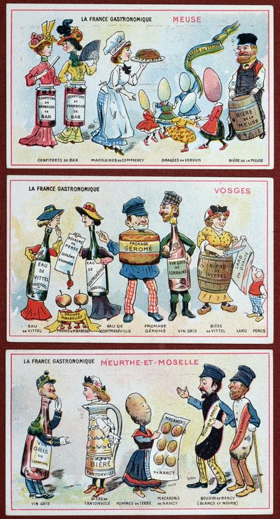 Promotie- en educatieve kaarten voor kinderen met voedsel specialiteiten uit de Lorraine-regio, ca.1910 door French School