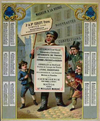 Promotiekalender voor 1887, reclame voor Canavy Freres kleermakers en fournituren door French School
