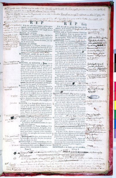 Proefpagina met correcties van een editie van het woordenboek van de Franse Academie door French School