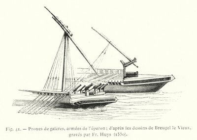 Boegen van galeien, bewapend met de ram; naar de tekeningen van Breugel de Oude, gegraveerd door Fr Huys door French School
